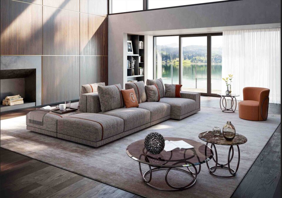 Canapé Modergen de Trussardi Casa dans un séjour ouvert sur un lac