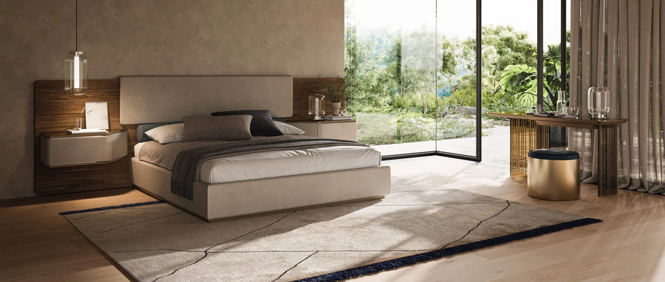 Chambre contemporaine avec lit à tête de lit capitonnée, tables de chevet suspendues, console dorée et suspension en verre chez D-Style Interior