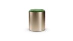 Pouf Tau 40 Steel de Reflex Angelo sur fond blanc, base cylindrique en métal doré et coussin vert, chez D-Style Interior